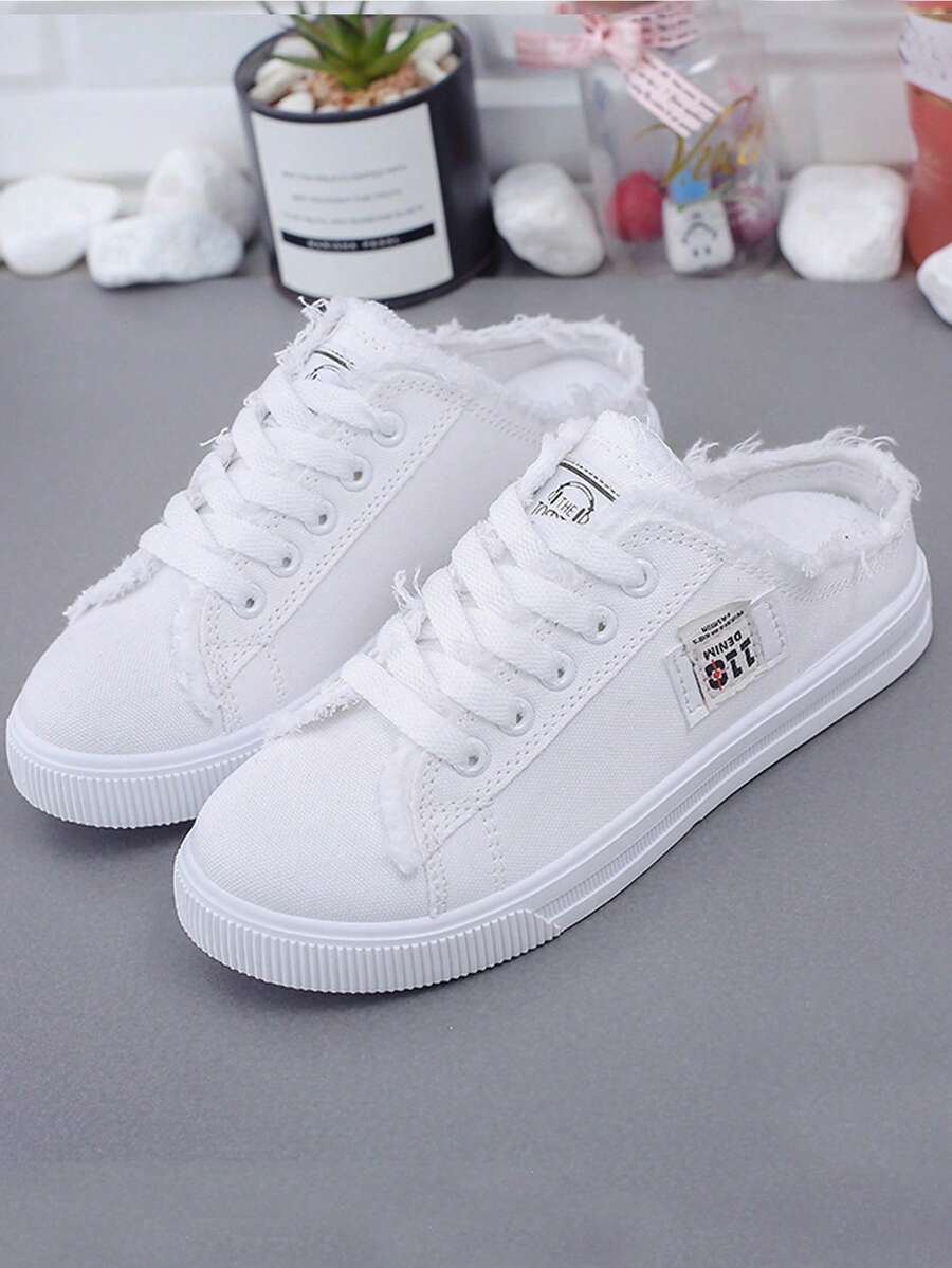 Women's Breathable Easy On/Off Slippers Flat Fashion Versatile Lace-Up Fur Trim Casual Shoes - White - View 1