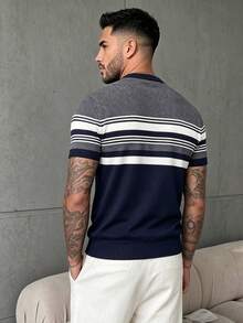 GRDR Men's Contrast Color Striped Crew Neck Knit Short Sleeve T-Shirt - Daily Wear Commute Outfit - Navy Blue - View 3