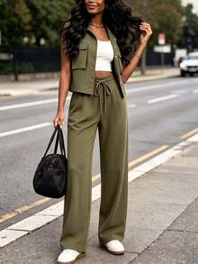Women's 3 Pieces Vintage Military Green Utility Set, Short Sleeve Shacket, White Camisole, Spring/Autumn Elegant - Army Green - View 4