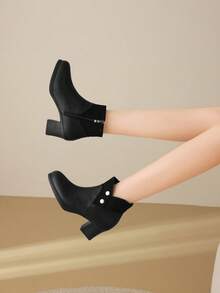 Women's Pointed Toe Lizard Texture Side Zipper Metal Buckle Chunky Heel Ankle Boots, Fashionable Versatile For Party, Street Style, Office - Black - View 5