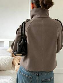 Women's Fashion Woven Double-Button Coat, Long Sleeve Raglan Design, Open Collar, Suitable For Autumn/Winter Wear - Coffee Brown - View 2