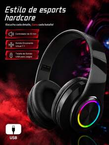 Wireless Bluetooth Gaming Stereo Headphones With RGB LED Lights - Black - View 1