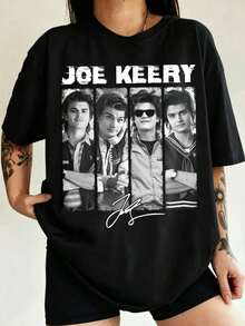 Unisex Vintage Joe Keery Portrait Collage Graphic T-Shirt, Retro Signature Print Short Sleeve Fan Tee - 黑色 - 查看 1
