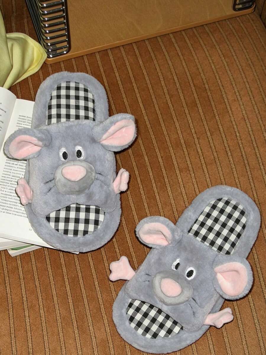 女款可愛3D老鼠灰色居家拖鞋,春秋冬季室內休閒平底拖鞋,防滑保暖軟底舒適輕便,適合女孩與學生 - 淺灰色 - 查看 1