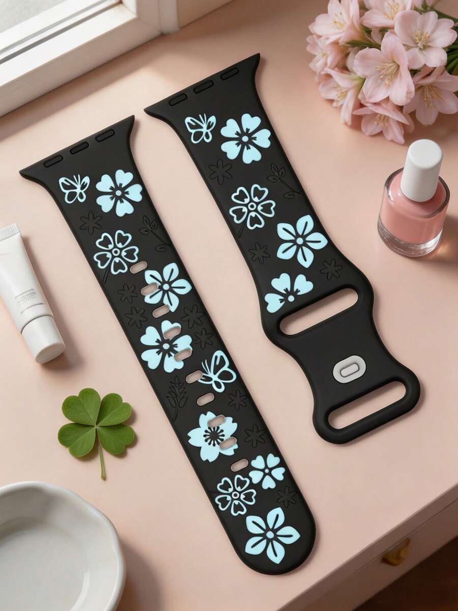 五葉草花卉雕刻錶帶,兼容 41mm 40mm 44mm 45mm 42mm 38mm 49mm 46mm,可愛花朵,柔軟矽膠運動錶帶,兼容 Series 11 10 SE 9 8 7 6 5 4 3 Ultra,女款時尚花卉智慧手錶錶帶 - LD004花卉-黑配冰藍 - 查看 1