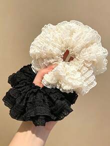 2PCS New French Style Premium Multi-Layer Lace Scrunchies, Large Hair Ties For Women, Ponytail Hair Accessories, Soft Slouchy, Exquisite Hair Decor - Multicolor - View 2