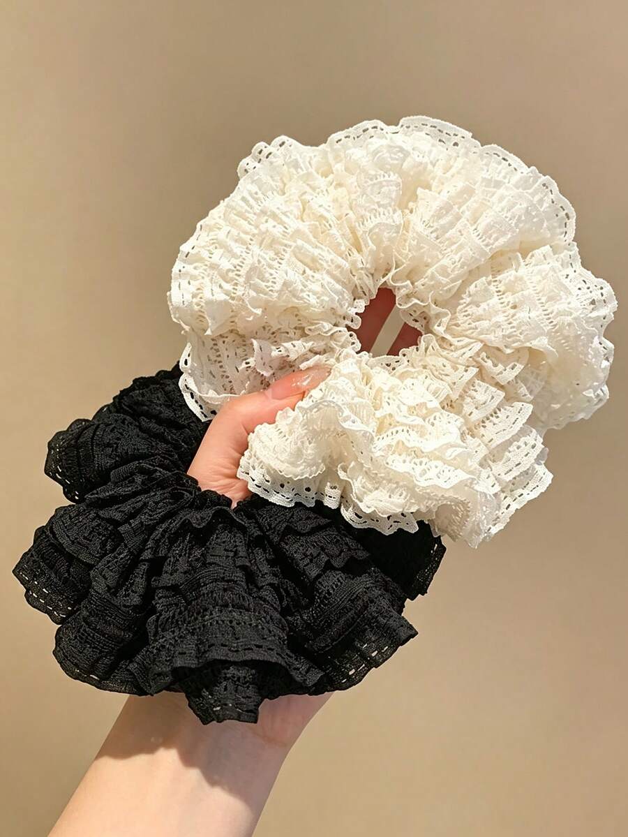 2PCS New French Style Premium Multi-Layer Lace Scrunchies, Large Hair Ties For Women, Ponytail Hair Accessories, Soft Slouchy, Exquisite Hair Decor