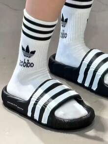 Adidas Three-Leaf Clover Men's And Women's Summer New Comfortable Sports Casual Three-Stripe Slide Sandals Beach Slippers - Black and White - View 1