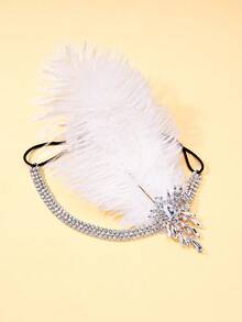 1pc Vintage 1920s Flapper White Feather Headband, Multi-Layer Rhinestone Gatsby Women's Roaring Party Evening Headpiece - Rhinestones - View 6