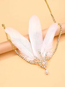 1pc 1920s Flapper 3 White Feather Headband With Rhinestone & Pearl Dangle Pendant, Gatsby Women's Evening Party Headpiece - Rhinestones - View 6