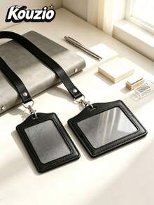 1pc PU Leather Horizontal Vertical ID Badge Holder With Detachable Black Lanyard, Clear Window Name Tag Sleeve, Metal Swivel Hook Waterproof Card Case For Staff Student Bus Card Office Stationery - Multicolor - View 1