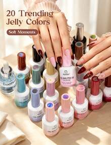 Beetles 20 Colors 15ML Soft Moments Jelly Gel Nail Polish Kit, Sheer Neutral Gel Set With Base Coat, Glossy & Matte Top Coats, Cuticle Oil And Color Swatch Card - 20 Colors Jelly Gel Nail Polish Kit - 查看 3