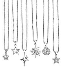 Yanxyad 6PCS Y2K Star Vortex Sun Pentagram Necklace Set For Women Men – Retro Grunge Gothic Chain Jewelry - Silver - View 7