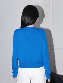 [Y6Y]Women's Solid Color Knitted Button Cardigan, Long Sleeve Letter Embroidery Loose Fit Thin Jacket, Autumn/Winter - Blue - View 2
