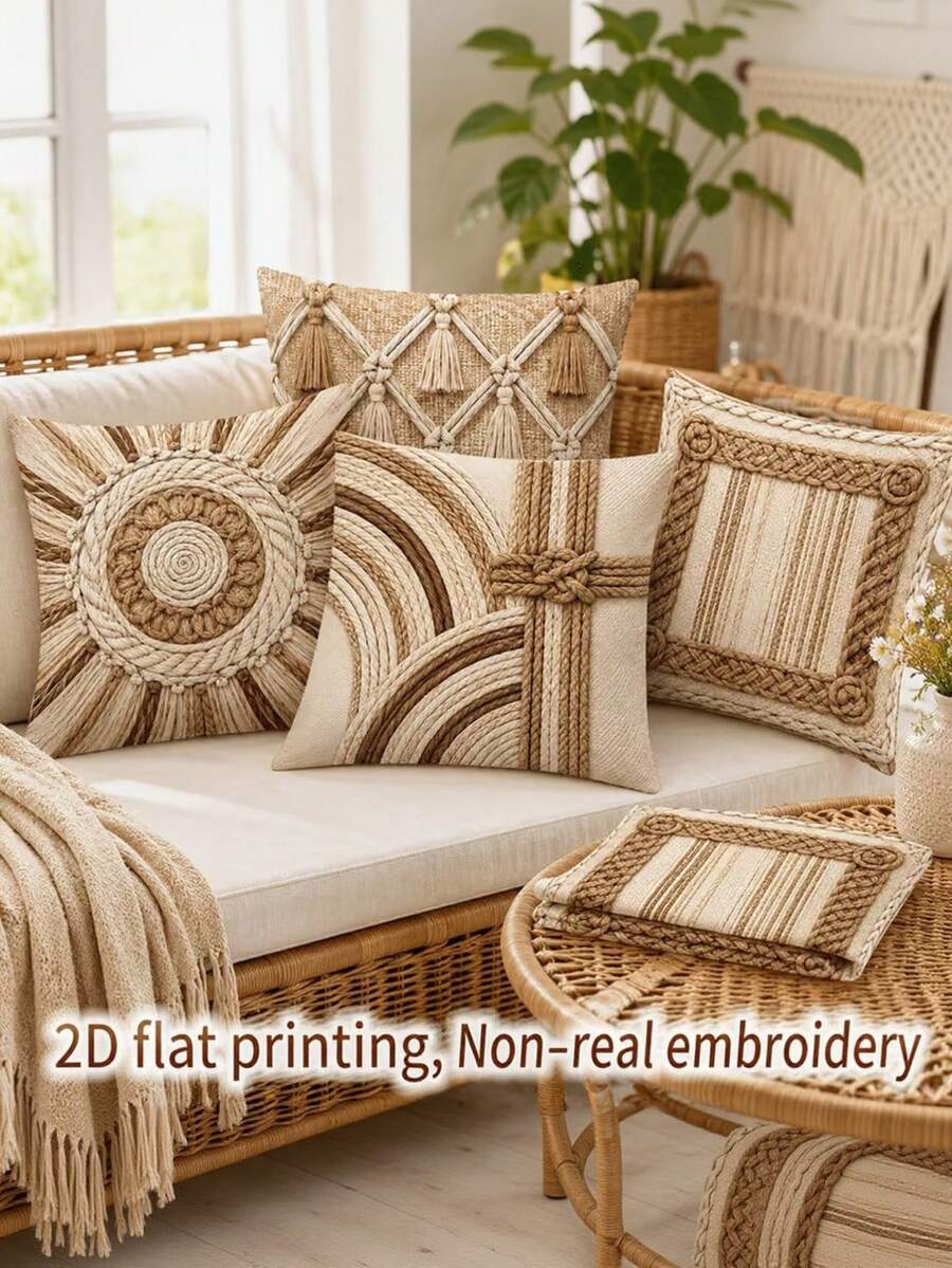 4pcs/Set 2D Flat Print Bohemian Style Pillowcases, Home Decor Cushion Covers, Holiday Decorative Pillowcases, Suitable For Car, Bedroom Headboard, Living Room Sofa, Polyester Fiber, Zipper Closure - Khaki - View 1