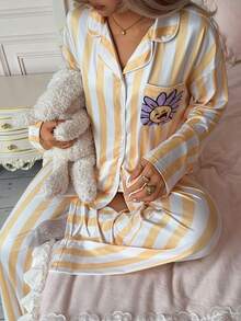 2pcs Women Casual Striped Cute Print Long Sleeve Top + Elastic Straight Leg Pants Loungewear Set - Yellow - View 6