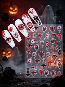 1Sheet Halloween Nail Art Stickers, 3D Self‑Adhesive Nail Decals, Ghost Skull Pumpkin Bloody Handprint Bat Gothic Horror Design, Fall Nails Decor, Halloween Press On Nail Accessories, DIY Manicure Supplies For Women Girls Nail Tech - Multicolor - View 6