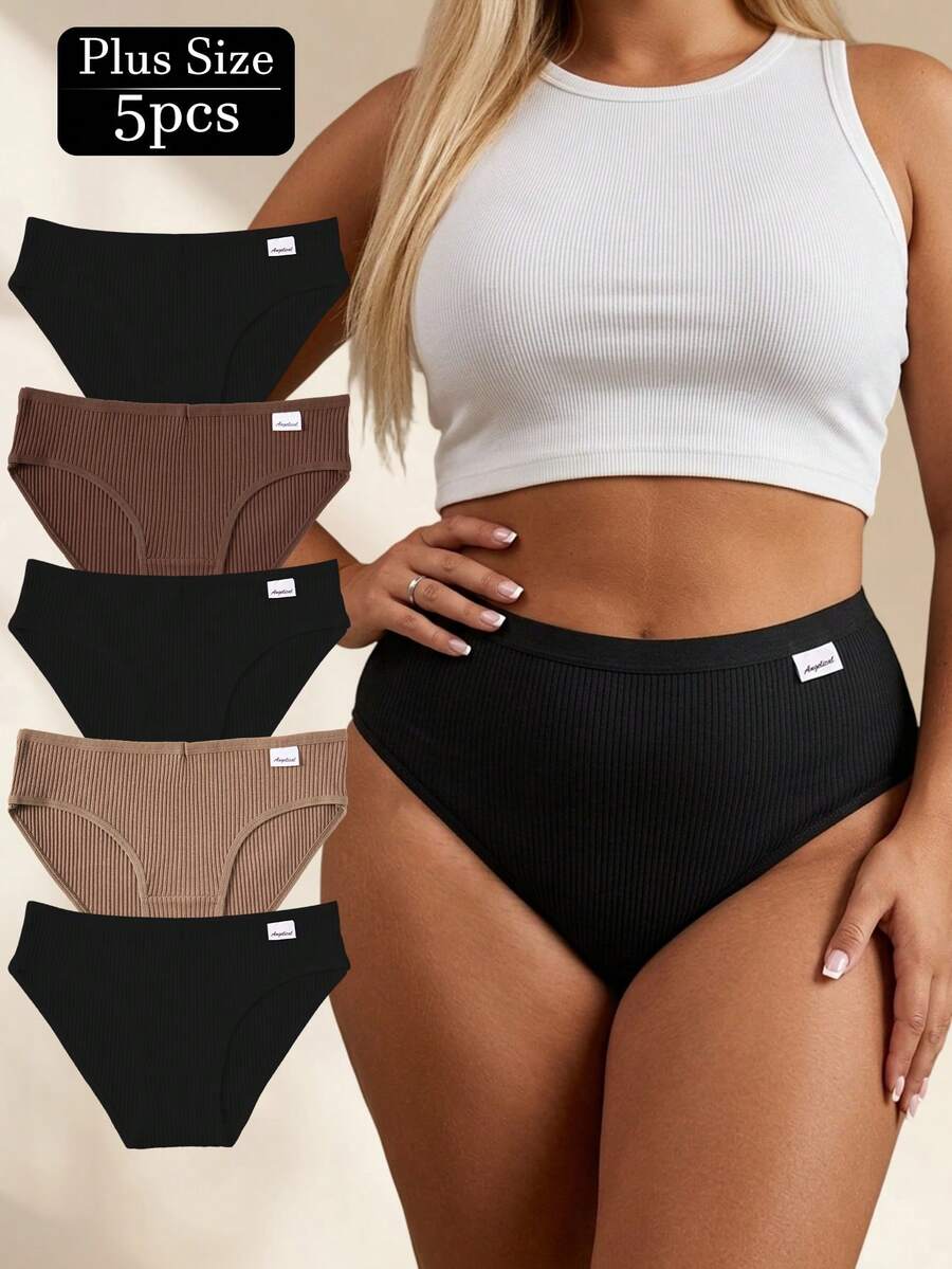 5pcs Plus Size Women's Cotton Panties: Comfortable Ribbed Panties, Ribbed Texture, Soft Fabric, Lightweight Design