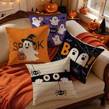 4pcs Cartoon Fun Halloween Pattern Single-Sided Printed Pillow Covers/Cushion Covers, Multi-Scene Atmosphere Decoration Pillow Covers Suitable For Living Room Sofa Bedroom, Without Pillow Insert, 40x40cm/45x45cm/50x50cm - Multicolor - View 6