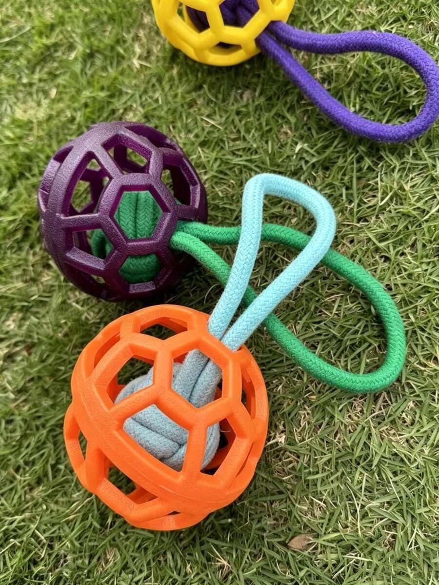 Durable TPR Braided Rope Handle Dog Toy Ball - High Elasticity Interactive Game Cleaning Teeth Training Ball For All Dog Breeds, Fun Design Pet Chew Toy - Multicolor - View 1