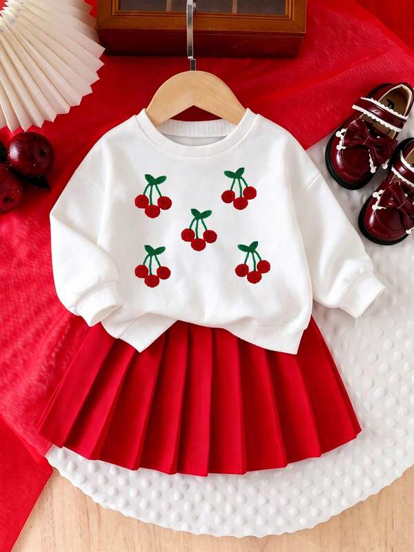 Baby Girl Cherry Decor Round Neck Long Sleeve Top And Skirt