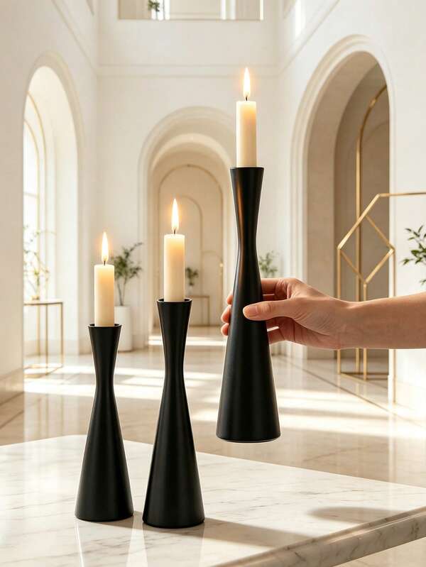 1pc/2pcs/3pcs Metal Iron Black Plated Waist Candle Holder, Minimalist All-Season Candle Stand Desktop Candle Cup, Suitable For European Style Wedding, Party, Candlelight Dinner, Table Centerpiece Decoration, Home Living Room Decor