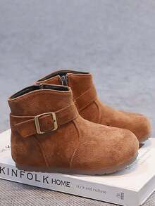 Vintage Buckle Kids' Ankle Boots, Girls' Autumn/Winter Side Zipper Casual Boots - Brown - View 3