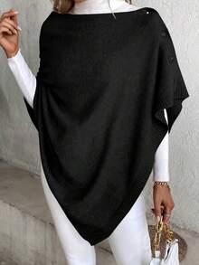 Women's Asymmetric Hem Knit Cape Sweater, Solid Color High Neck Side Button Detail Shawl Cape, This Versatile Shawl Can Be Styled In Multiple Ways Throughout The Year, Elegant Design, Solid Color Fabric, With Buttons, Suitable For Wearing In Air-Conditioned Environments. - Black - View 1