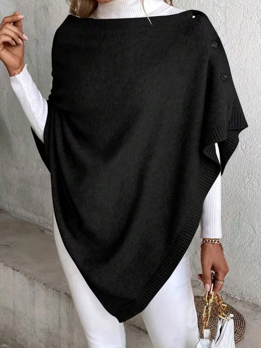 Women's Asymmetric Hem Knit Cape Sweater, Solid Color High Neck Side Button Detail Shawl Cape, This Versatile Shawl Can Be Styled In Multiple Ways Throughout The Year, Elegant Design, Solid Color Fabric, With Buttons, Suitable For Wearing In Air-Conditioned Environments. - Black - View 1