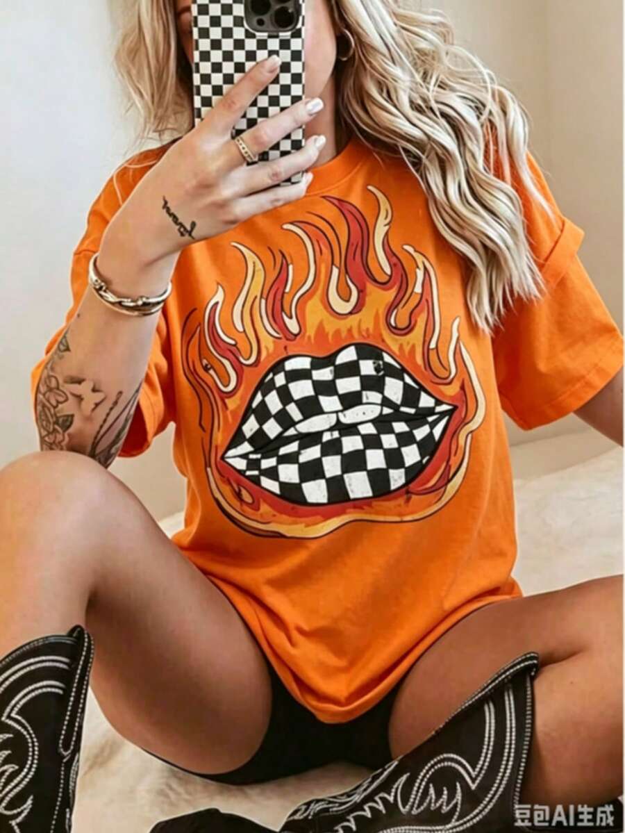 Checkered Flame Lips Shirt Western Graphic Tee Oversized Country Concert Tshirt Western Clothes Retro Country Tee Funny Graphic Tshirts - 橘色 - 查看 1