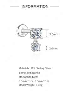 AnlaScheer 1pc S925 Sterling Silver Moissanite Tassel Flat Back Cartilage Ear Stud, Hypoallergenic Design, Exquisite Women's Daily Wear Party Gift Earring - Silver - View 10
