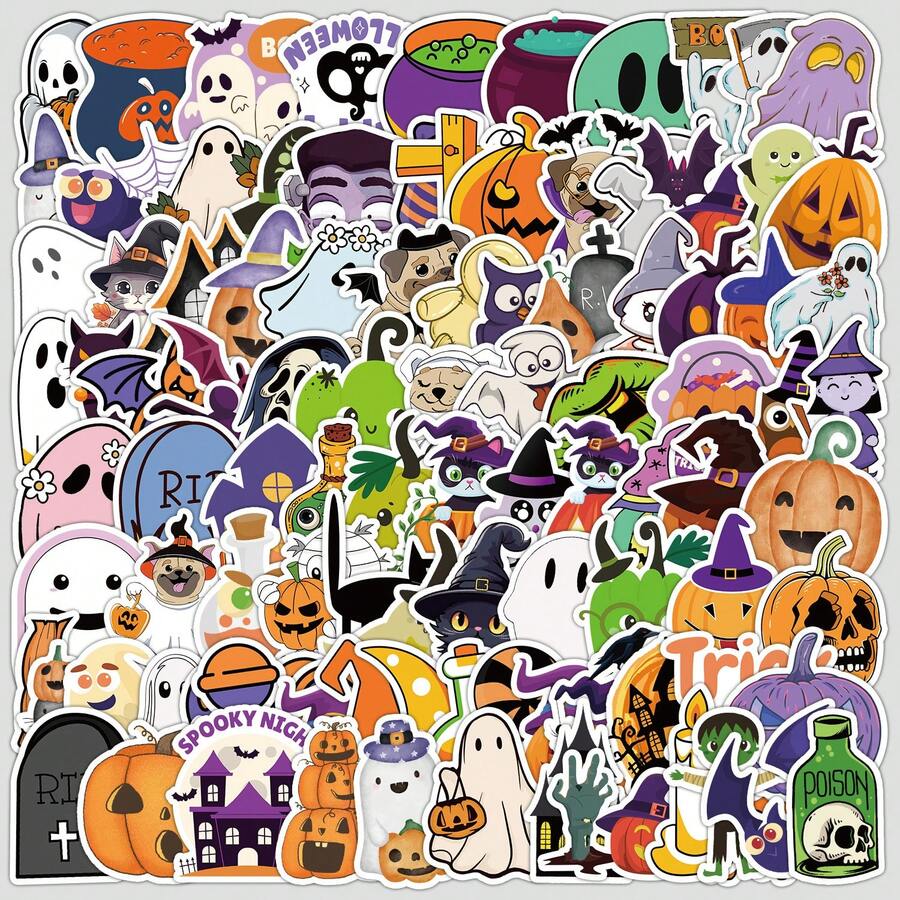 100PCS Halloween Graffiti Stickers Holiday Cute Cartoon Stickers Halloween Party Decorations Halloween Decor Funny Halloween Decor Vinyl Waterproof Stickers For Water Bottle,Computer,Laptop,Phone,Luggage,Notebook,Fridge - Multicolor - View 1