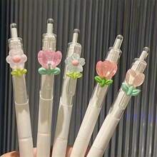 3 Pieces Of Retractable Flower-Pattern Ballpoint Pens, With A Romantic Tulip Design. Quick-Drying Black Ink. 0.5mm Fine Tip. Smooth Writing. Suitable For Keeping Diaries And Sketching. Must-Have For School Start. Random Patterns. - Multicolor - View 7