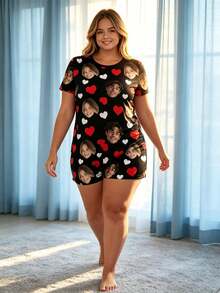 Customized Face Plus Size Women's Pajama Set, Black Red Heart Short Sleeve Loungewear, Personalized Photo Customization, Fun Valentine's Day Gift For Her - Black - View 4