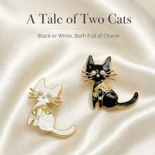 2Pcs Black White Enamel Cat Brooch Set , Zinc Alloy Faux Pearl Rhinestone Kitten Lapel Pin, Cute Animal Pin For Women Clothing Collar Decor & Gift - Multicolor - View 1
