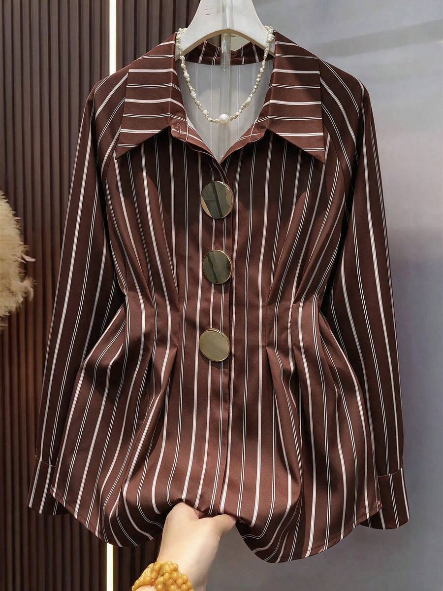 Summer Yellow Striped Waist-Cinching Shirt, Casual Commuter Style, Button-Front Versatile Top - Multicolor - View 1