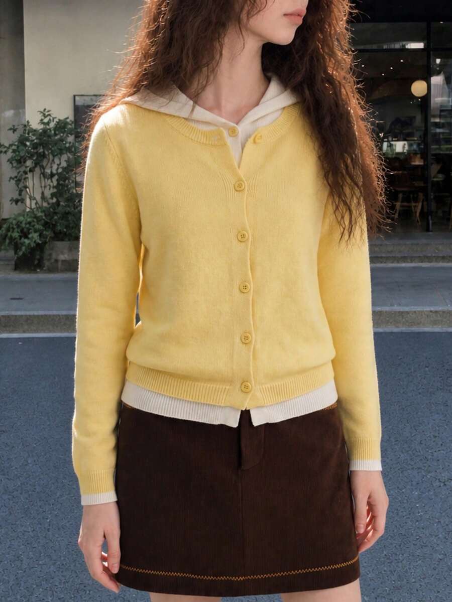 Women's Autumn Minimalist Casual Preppy Style 2 In 1 Design Hooded Cardigan Knit Sweater Jacket - Yellow - View 1