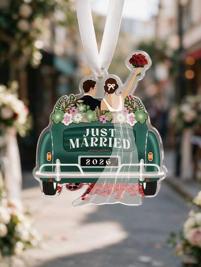 Just Married 2026 夫妻坐在車內壓克力裝飾品，新婚首飾禮物，聖誕樹吊飾裝飾，新婚夫妻新娘婚前派對禮物，浪漫週年結婚禮物