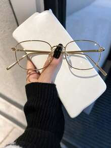 Square Metal Eyeglass Frames, Clear Lens Non-Prescription Glasses, Unisex Japanese Decorative Glasses, Fashion Eyewear Accessories, Suitable For Women - Gold - View 2