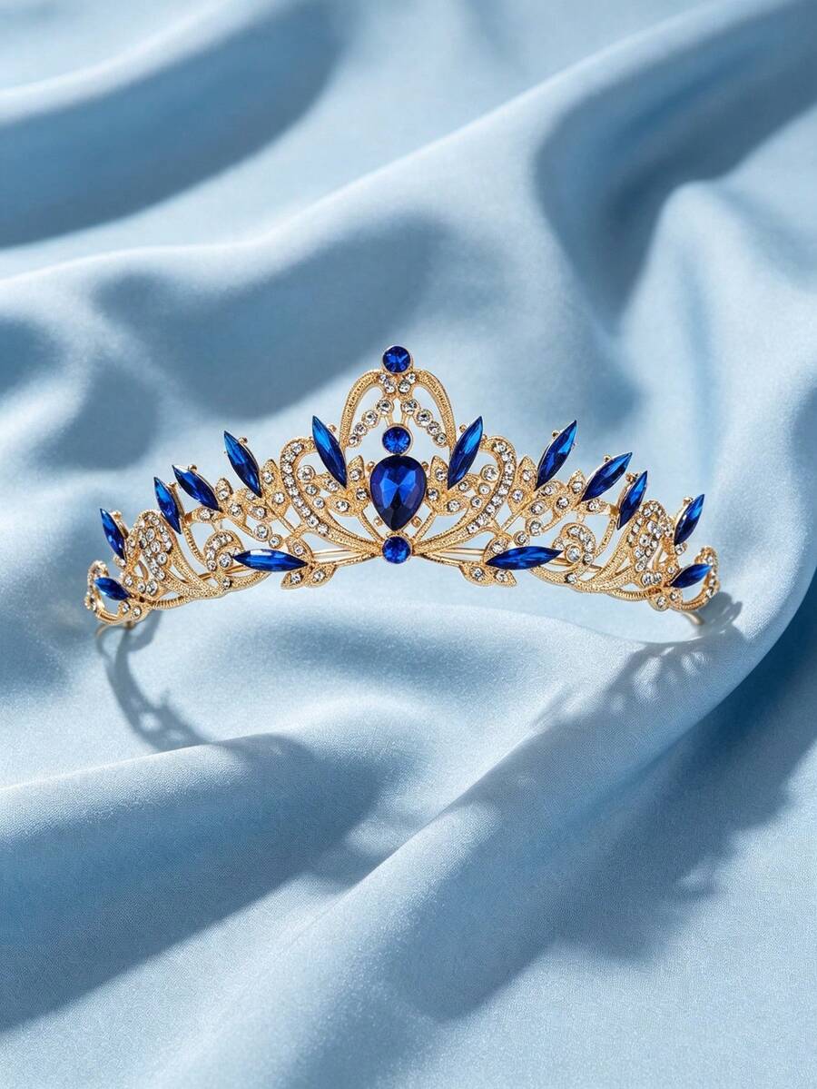 1件歐美時尚精緻合金新娘皇冠,適合女性婚禮派對髮飾,女王公主派對頭飾 - 藍色 - 查看 1