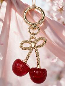 1pc Gold Glitter Cherry Twisted Rope Bow Keychain Pendant, Y2K Sweet Red Resin Fruit Key Ring Bag Charm, Suitable For Car Key Accessories, Birthday Holiday Gift For Girlfriend, Best Friend, Small Gift - Multicolor - View 2