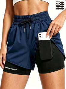 mulinsen Women's Casual Versatile Solid Color Loose Shorts, Summer Sports 2 In 1 Running Fitness Training Athletic Shorts - Navy Blue - View 2