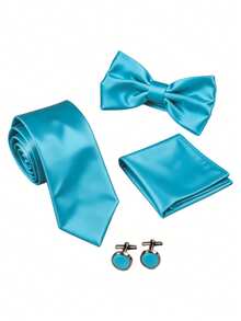 4pcs Men's Business Fashion Versatile Solid Color Polyester Tie & Three-Fold Bow Tie & Pocket Square & Cufflinks Set Suitable For Wedding, Celebration And Daily Wear - Mint Blue - View 2