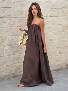 Vuslat Women's Summer Deep Coffee Solid Color Elastic Ruched Strapless Straight Neckline Draped Loose Floor-Length Dress With Large Hem, - Dark Brown - View 3