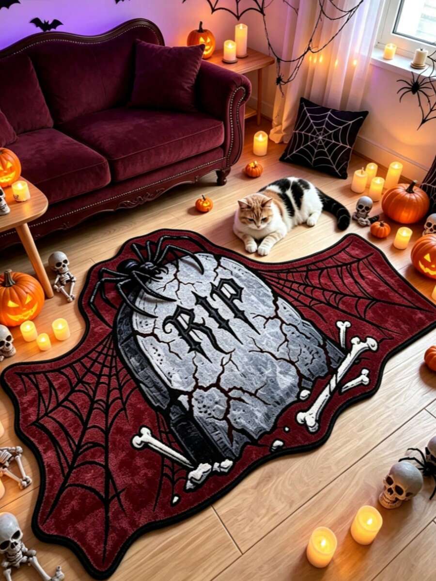 1pc Halloween RIP Tombstone Art Rug, Small Carpet, Mat, Home Decor, Area Rug, Leisure Blanket, Bedside Rug, Doormat, Washable - Multicolor - View 1