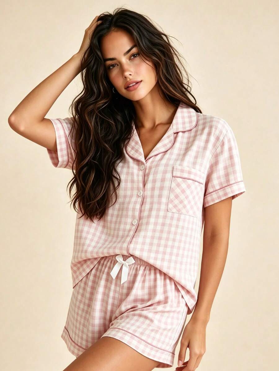 Lilivine 2 件女式格子印花短袖纽扣睡衣套装(含短裤)、夏季家居服、两件套 - 粉色 - 查看 1