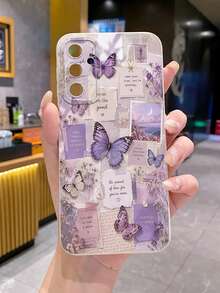 1pc Purple Butterfly Illustration Newspaper Camera Anti-Drop Phone Case UV Printed Compatible With Samsung/Galaxy/ Android Models - Beige - View 3