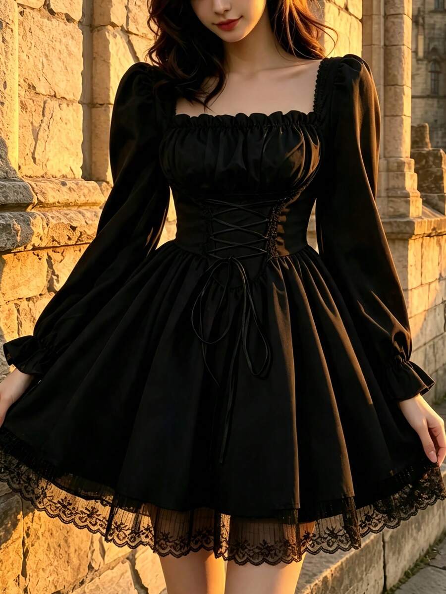 1PC Sweet Lolita Dress, Cute Lolita Costume Outfit, Suitable For Holiday Party Performance Wear, Valentine's Day Gift, Daily And Holiday Use - Black - View 1