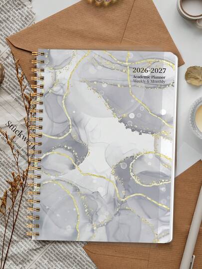 1pc 2026-2027 A5 Academic Planner, Gray Marble Gold Foil Spiral Weekly & Monthly Calendar, Back To School Supplies Office Desk Accessories Note Books For School Teacher Accessories