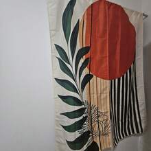 2pcs Bohemian Style Sun And Green Leaf Pattern Curtains, Featuring Medieval Modern Geometric Design With Orange Sun, Green Leaves And Black Stripes. 2D Flat Printing, Minimalist Artistic Style, Suitable For Living Room And Home Office - Multicolor - View 11